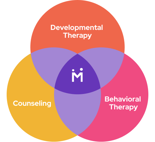 A graphic showing how HYM provides comprehensive coverage in developmental therapy, counesling, and behavioral therapy